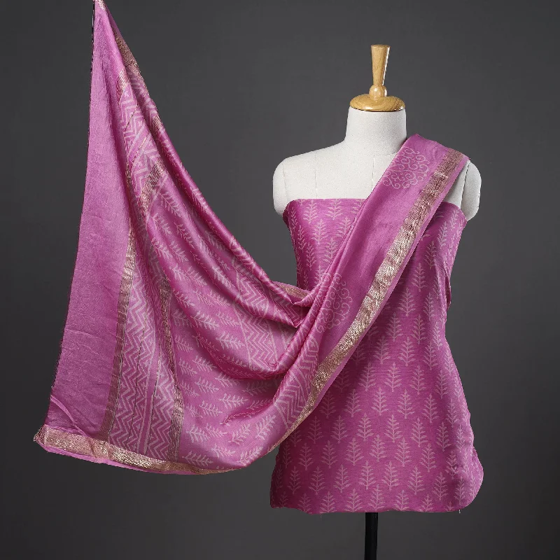 Pink - 3pc Maheshwari Silk Bagru Print Dress Material 08