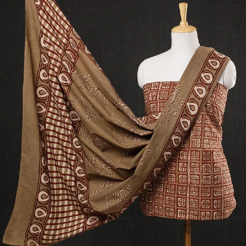 Brown - 3pc Cotton Block Printed Pipad Dress Material Set