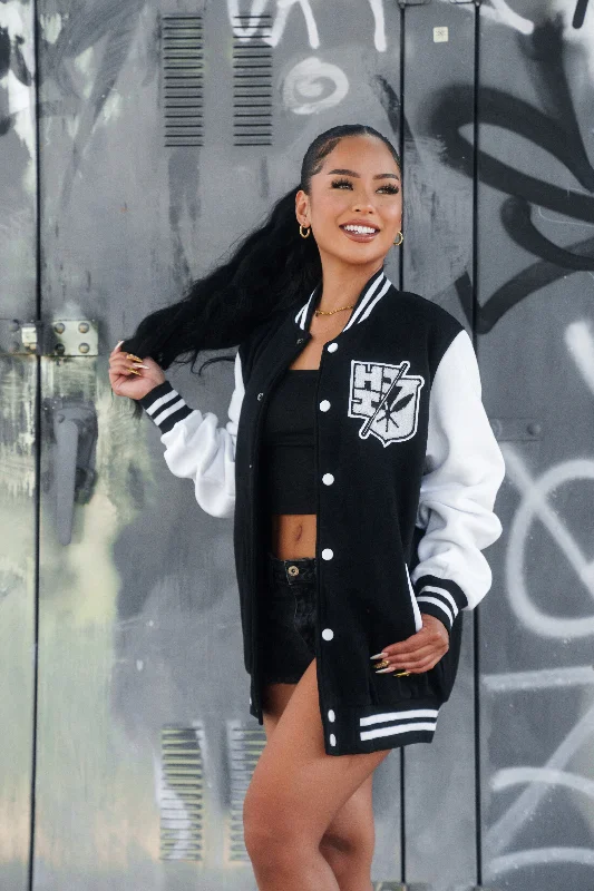 BLACK & WHITE SPLIT LOGO VARSITY JACKET