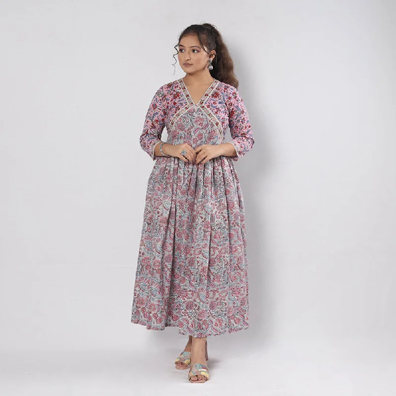 Special Discount Pink - Sanganeri Block Printed Cotton Flared Gher Dress