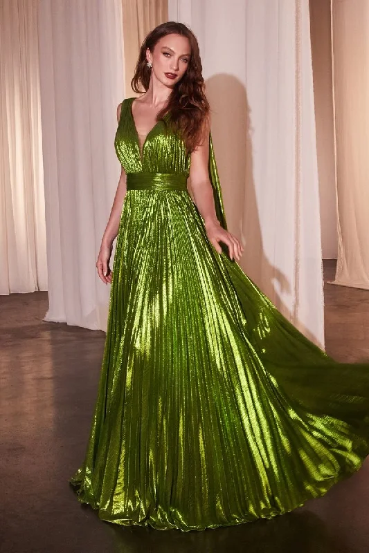 Warehouse Sale Cinderella Divine CD802 Long Pleated Formal Metallic Prom Cape Dress