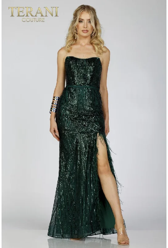 Special Promotion Terani Couture 231P0030 Long Formal Prom Sequin Feather Dress