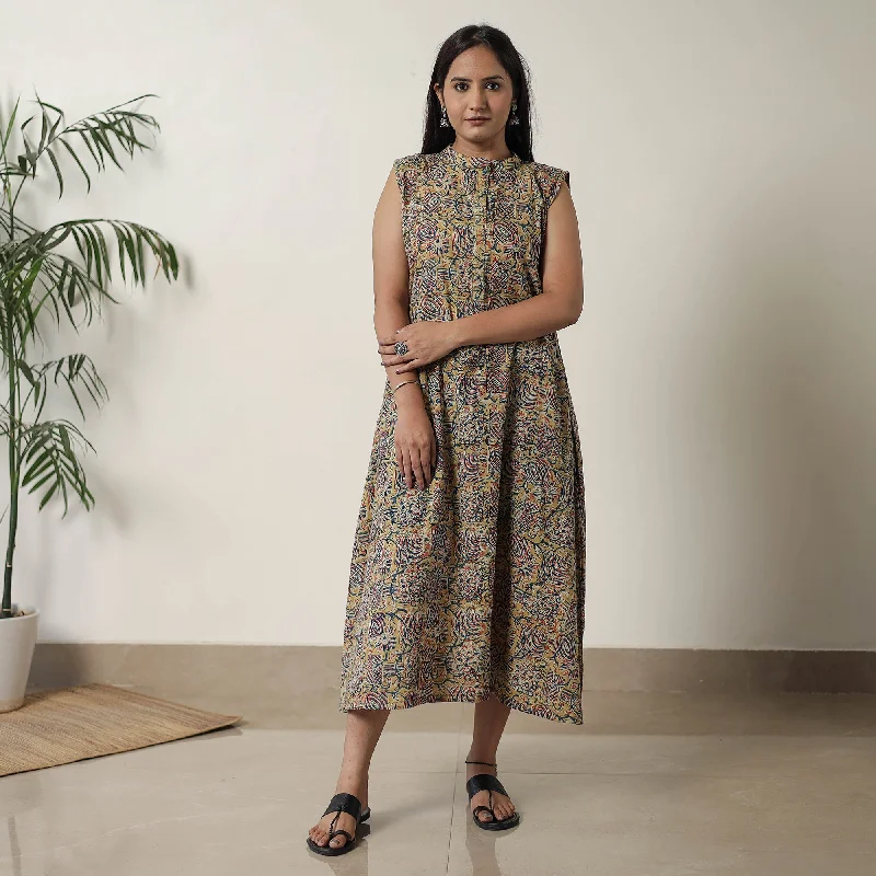 Yellow - Pedana Kalamkari Block Printed Cotton Dress 14