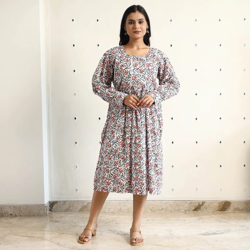 Price Rollback Multicolor - Sanganeri Block Printed Cotton Flared Dress 08