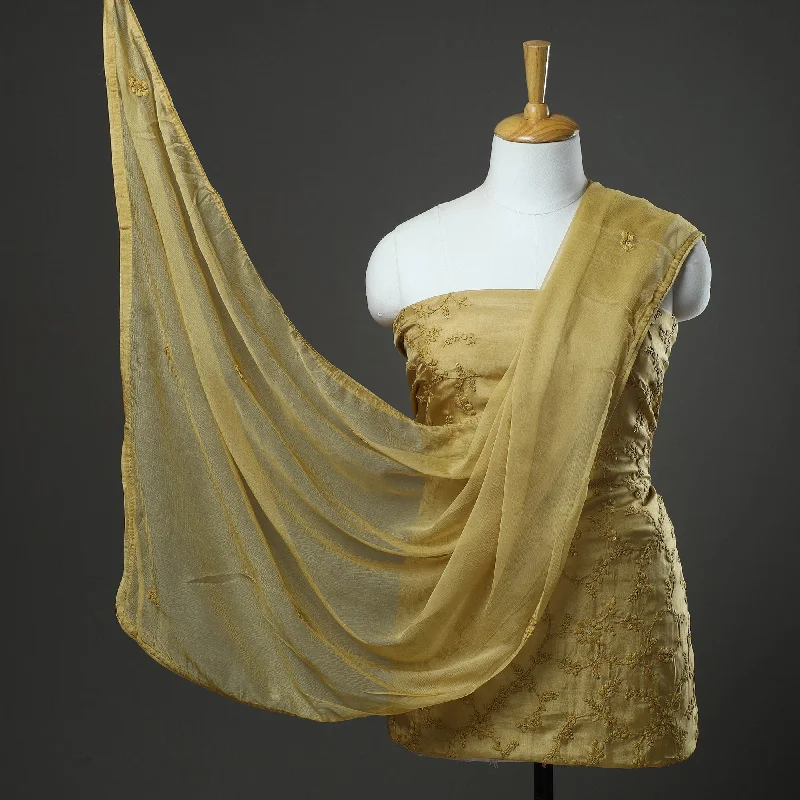 Deal Dash Yellow - 3pc Hand Embroidery Dupion Silk Phulkari Dress Material 20
