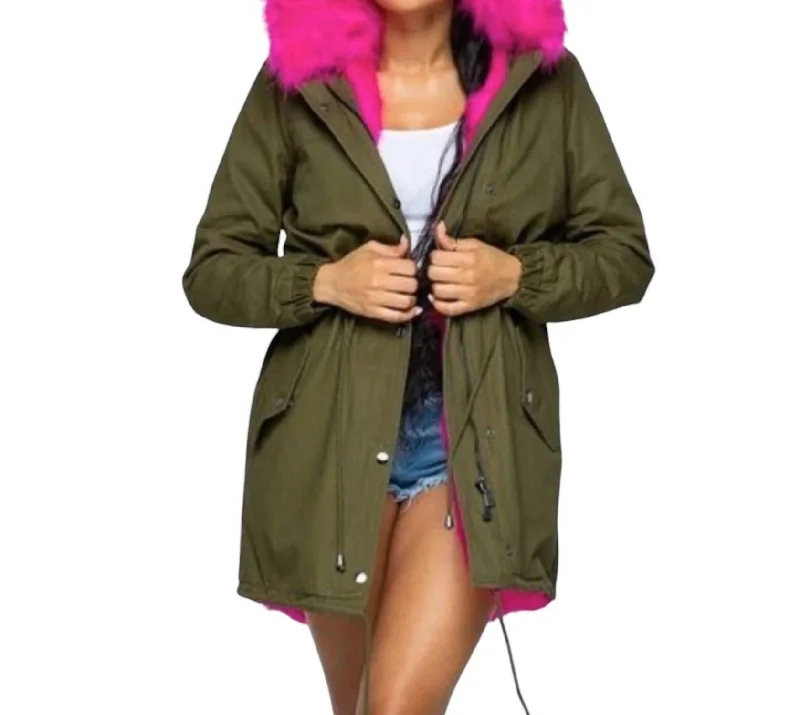 Hooded Coat With Hot Pink Fur In Olive