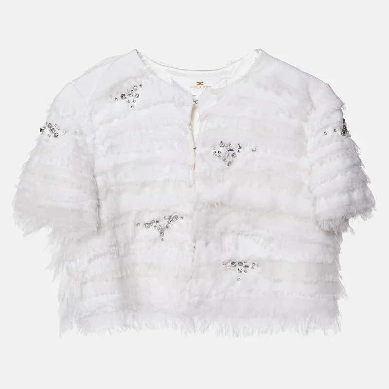 Extra Discounts Elisabetta Franchi White Studded Crepe Crop Jacket