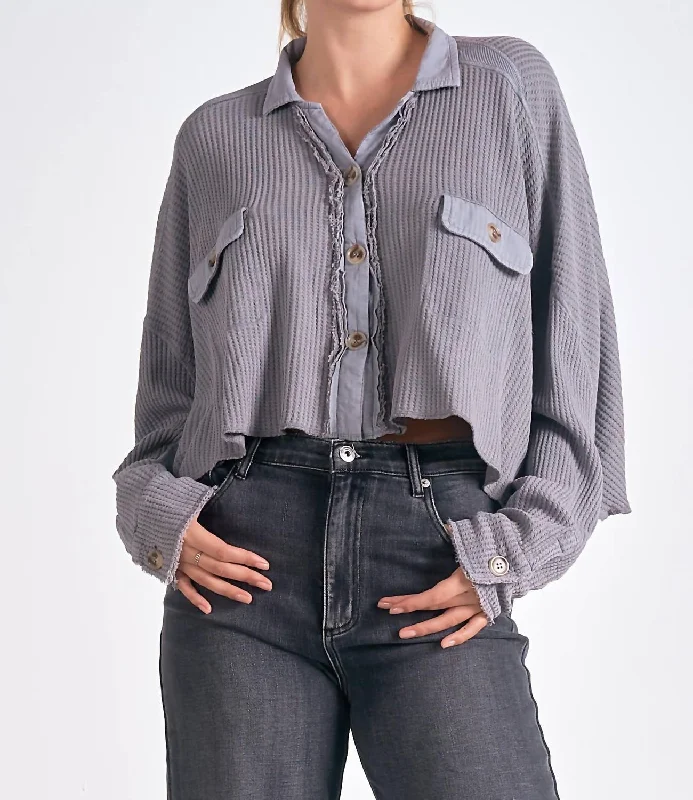 Clearance Items Waffle Knit Cropped Shacket In Grey