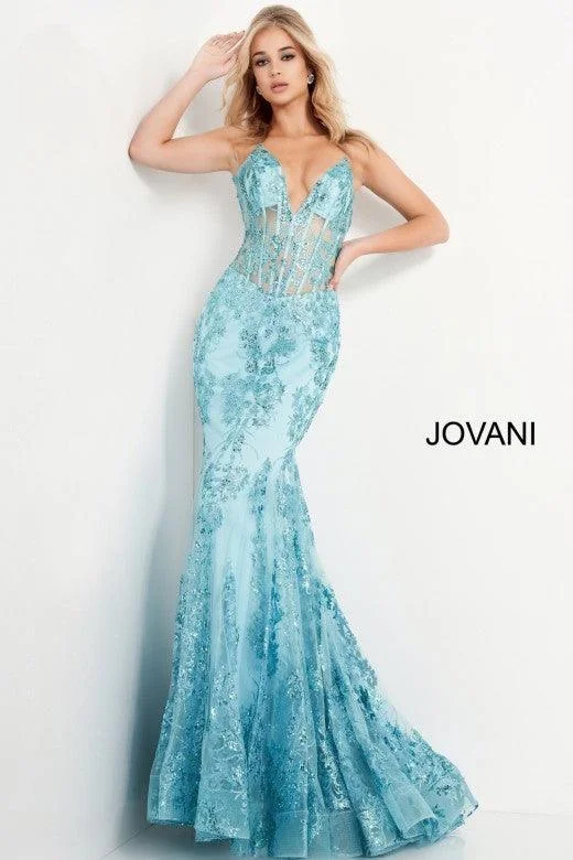 Jovani 3675 Prom Long Spaghetti Straps Mermaid Gown Turquoise