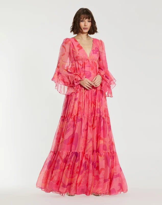 Act Now Mac Duggal 68782 Long Sleeve Printed Formal A Line Dress