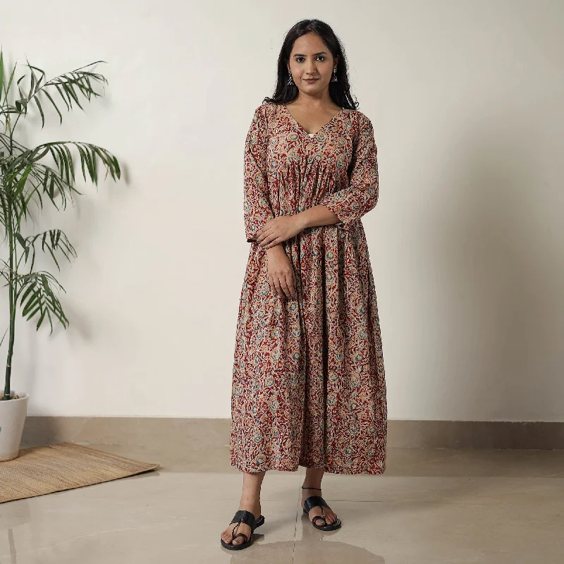 Red - Pedana Kalamkari Block Printed Cotton Flared Dress 06