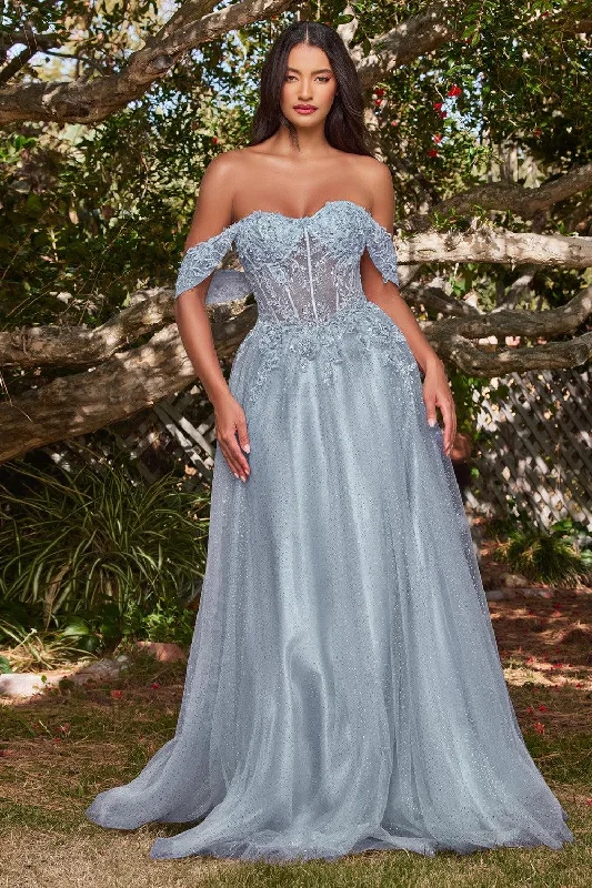 Cinderella Divine CD0198 Off Shoulder Corset Long Prom Ball Gown Smoky Blue