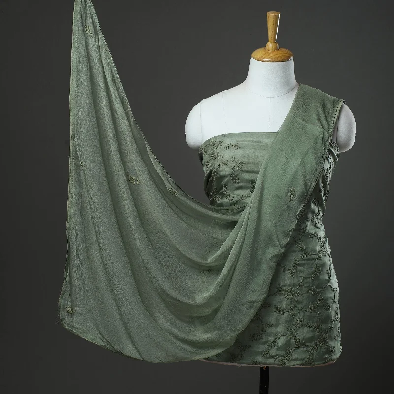 Best Bargains Green - 3pc Hand Embroidery Dupion Silk Phulkari Dress Material 23