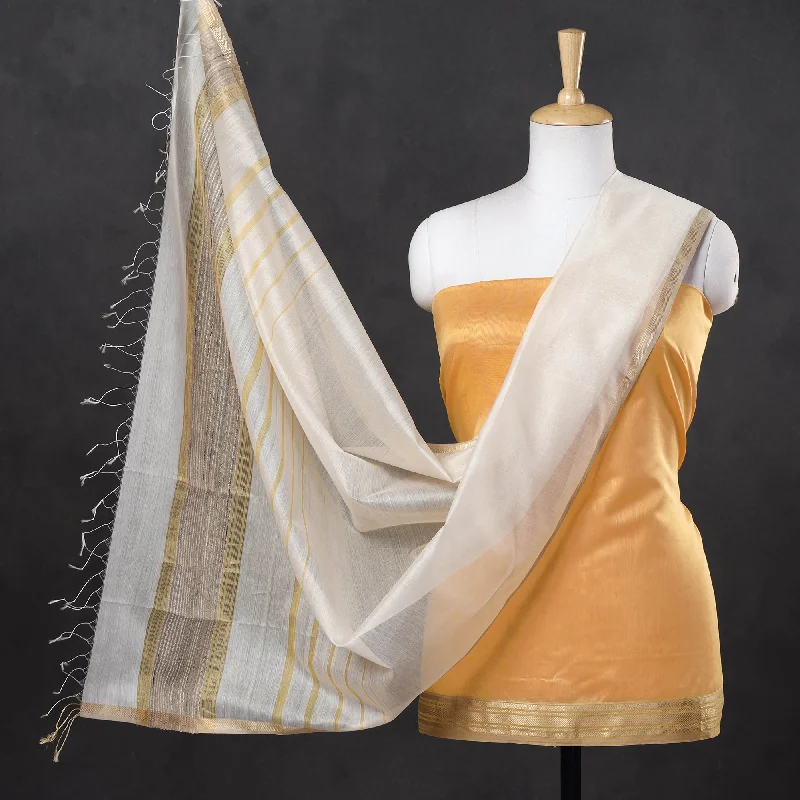 Yellow - 2pc Maheshwari Silk Handloom Suit Material Set with Zari Border