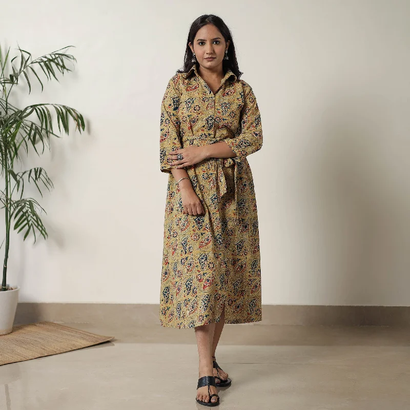 Yellow - Pedana Kalamkari Block Printed Cotton Dress 12