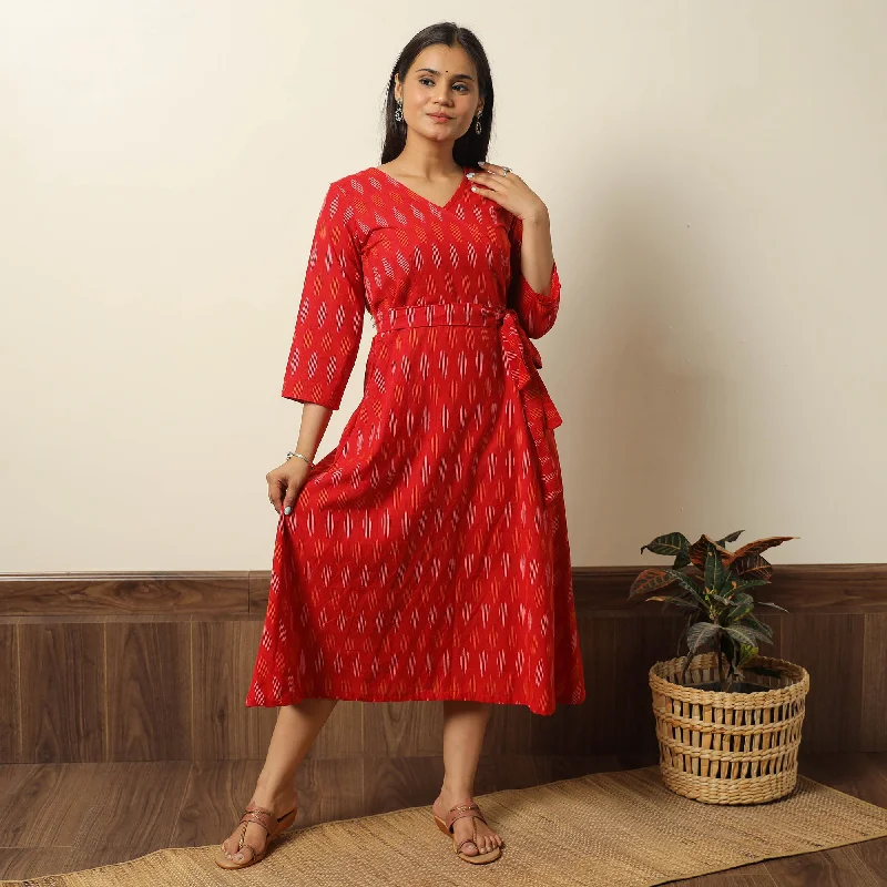 Last Chance Red - Pochampally Ikat Weave Cotton Dress with Belt 21