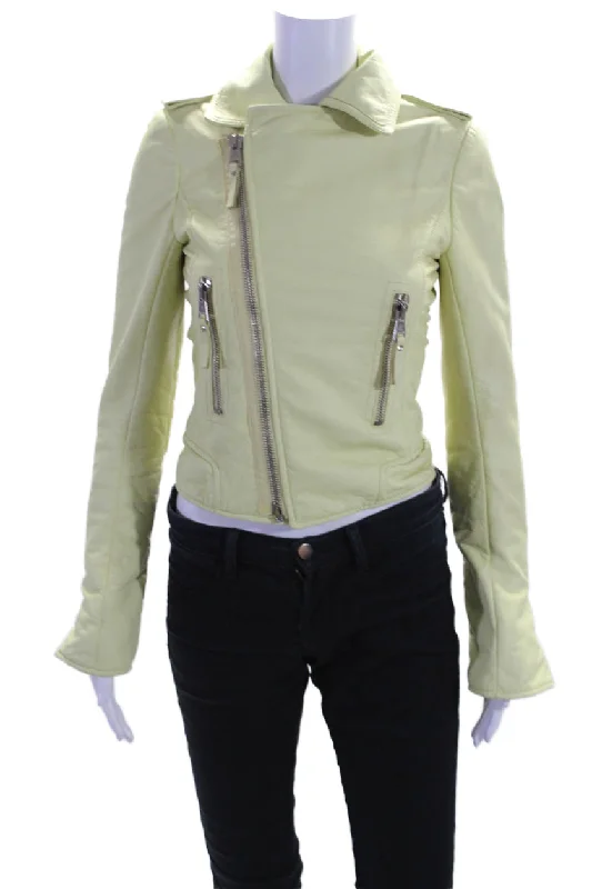 Limited Edition Balenciaga Womens Pale Yellow Leather Zip Long Sleeve Motorcycle Jacket