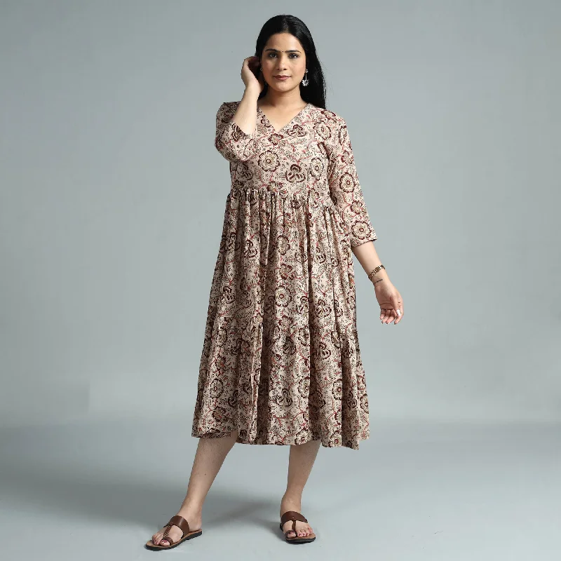 Beige - Kalamkari Block Printed Mul Cotton Flared Gher Dress