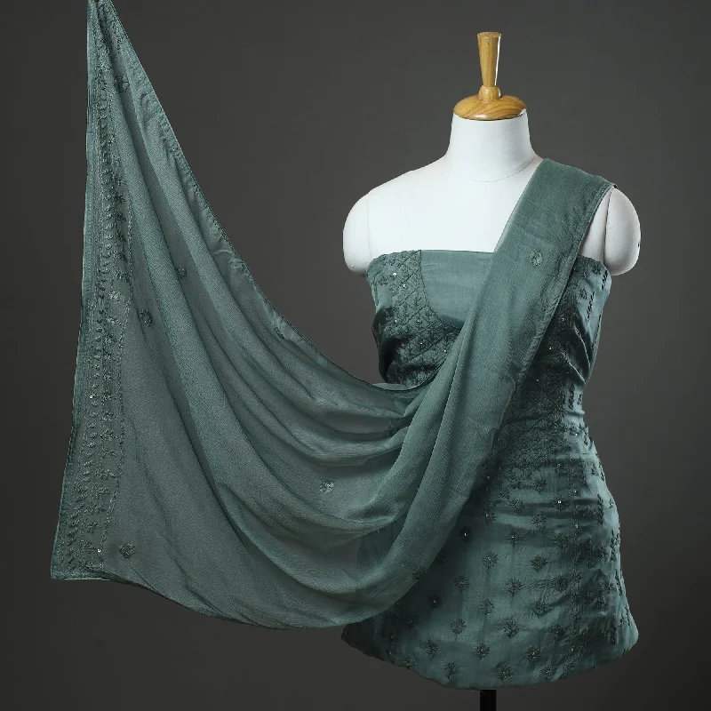 Lowest Prices Green - 3pc Hand Embroidery Dupion Silk Phulkari Dress Material 26