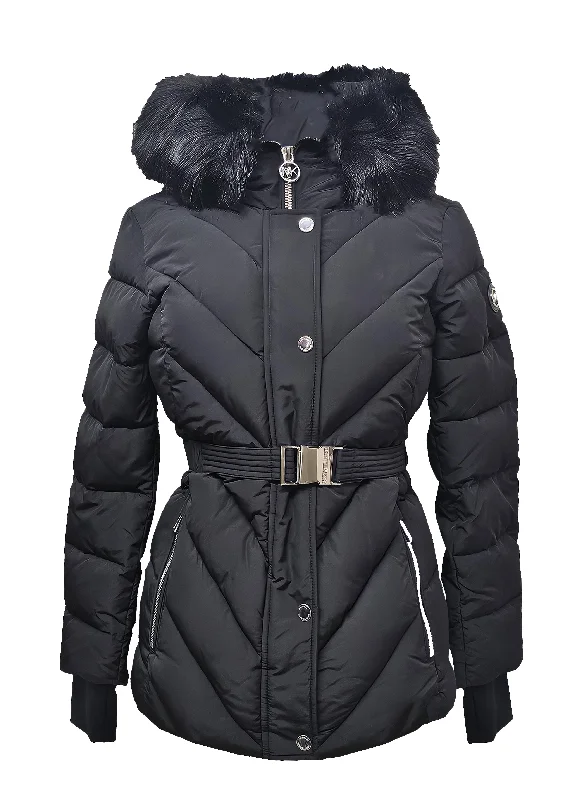Last Chance Michael Kors Women's Belted Chevron Scuba Coat w/Faux Fur, Black