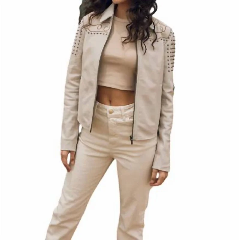 New Deals Embroidered Studded Leather Jacket In Beige