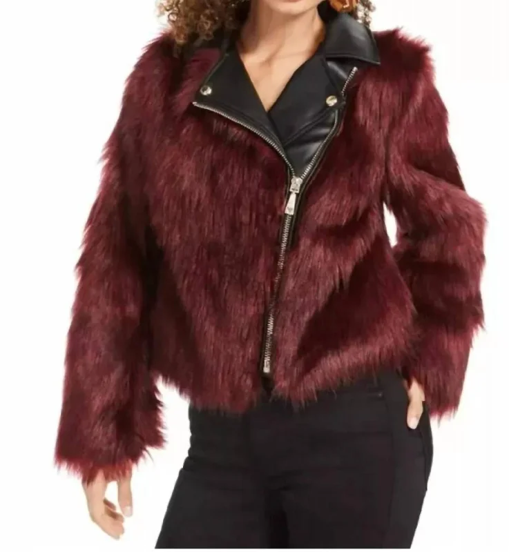 Unmissable Offer Long Sleeve Savage Faux Fur Moto Jacket In Love Bite Berry Multi