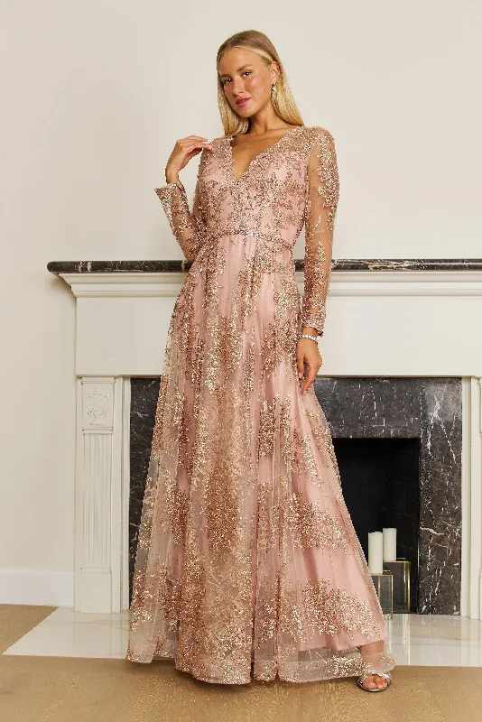 Long Sleeve Formal Dress Evening Gown Rose Gold