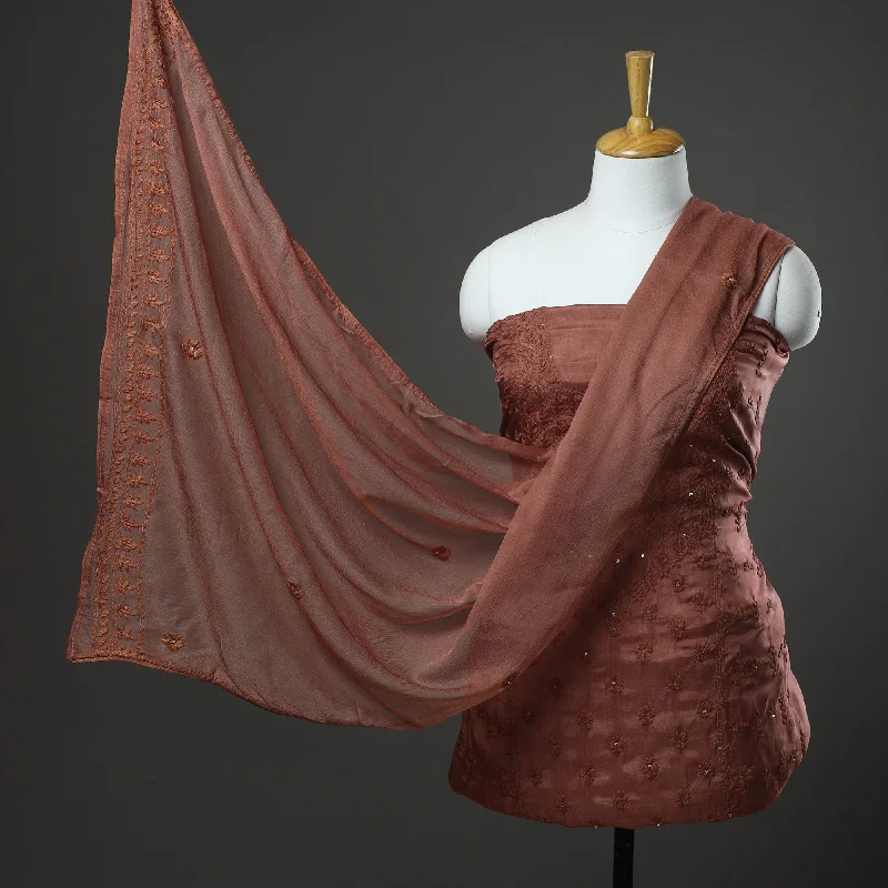 Price Drop Brown - 3pc Hand Embroidery Dupion Silk Phulkari Dress Material 25