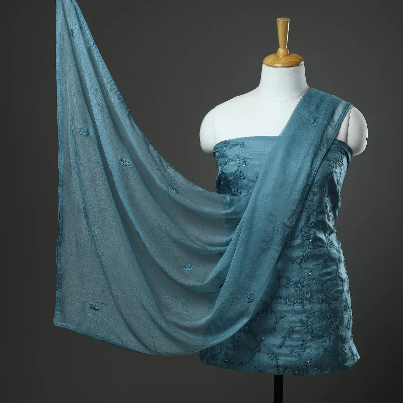 Don't Wait Blue - 3pc Hand Embroidery Dupion Silk Phulkari Dress Material 19
