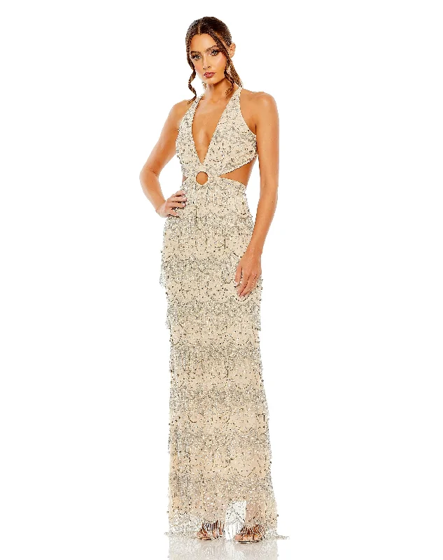 Don't Miss Mac Duggal 93956 Long Beaded Fringe Formal Prom Dress