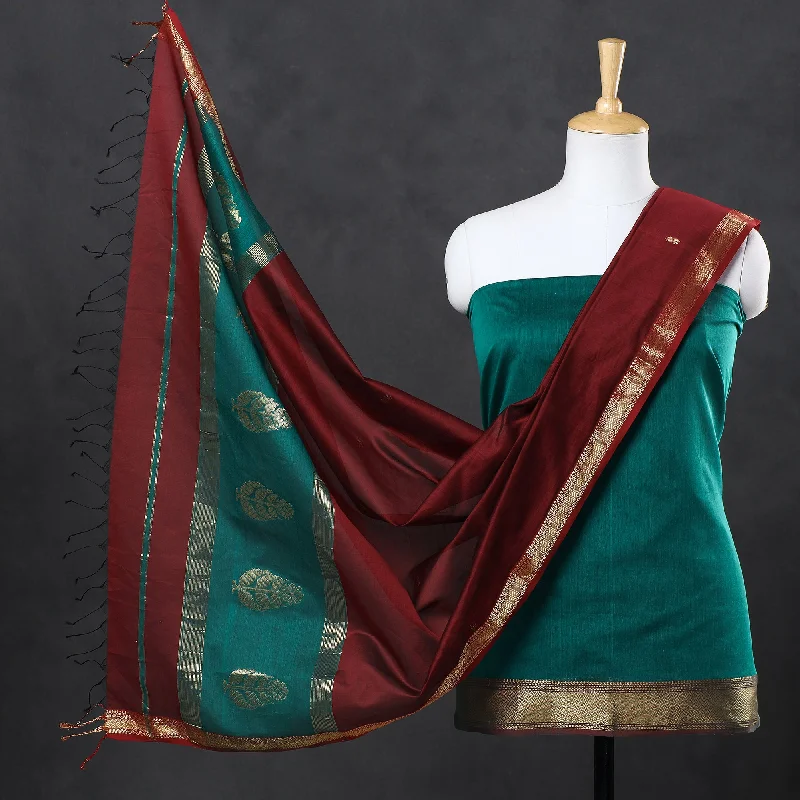 Green - 2pc Maheshwari Silk Handloom Suit Material Set with Zari Border