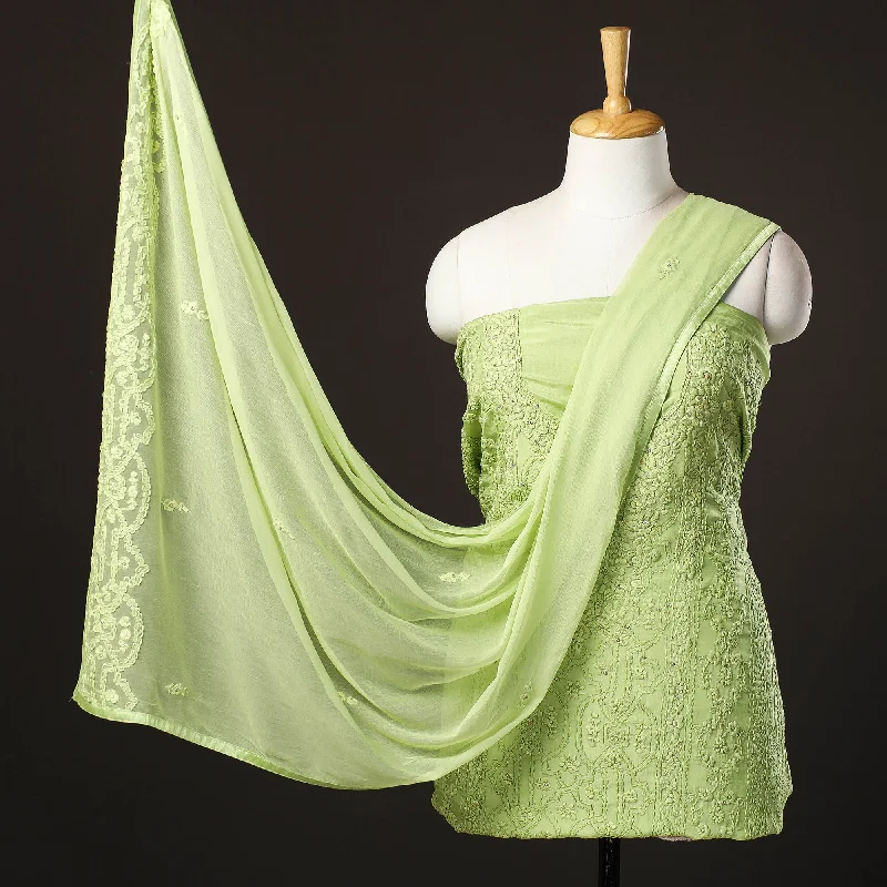 Limited Stock Green - 3pc Hand Embroidery Dupion Silk Phulkari Dress Material 35