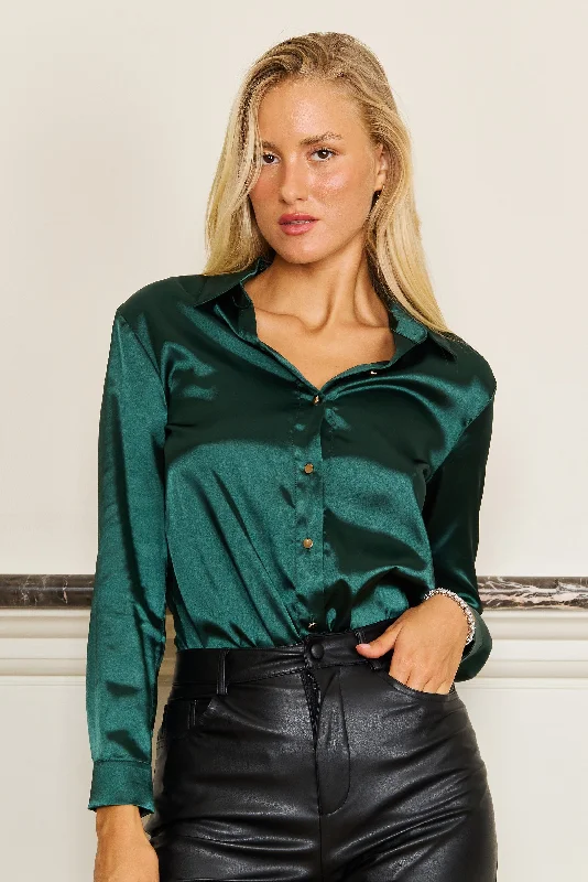 Big Savings Formal Satin Long Sleeve Button Down Blouse Top Emerald