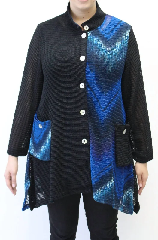 Limited Stock Mandarin Loose Weave Knit Jacket - Plus In Blue & Black