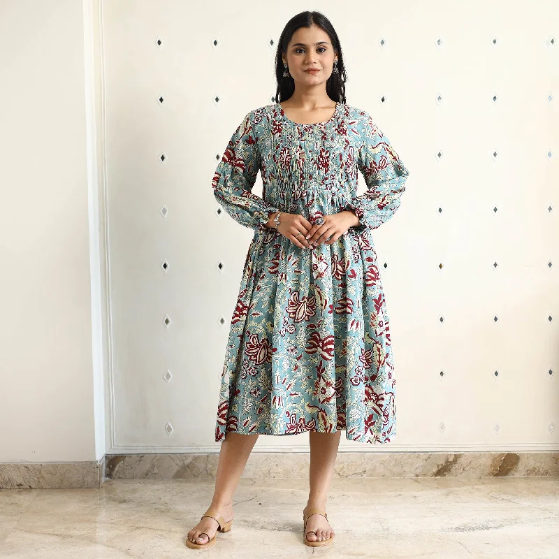 Final Markdown Green - Sanganeri Block Printed Cotton Pintuck Flared Dress 17