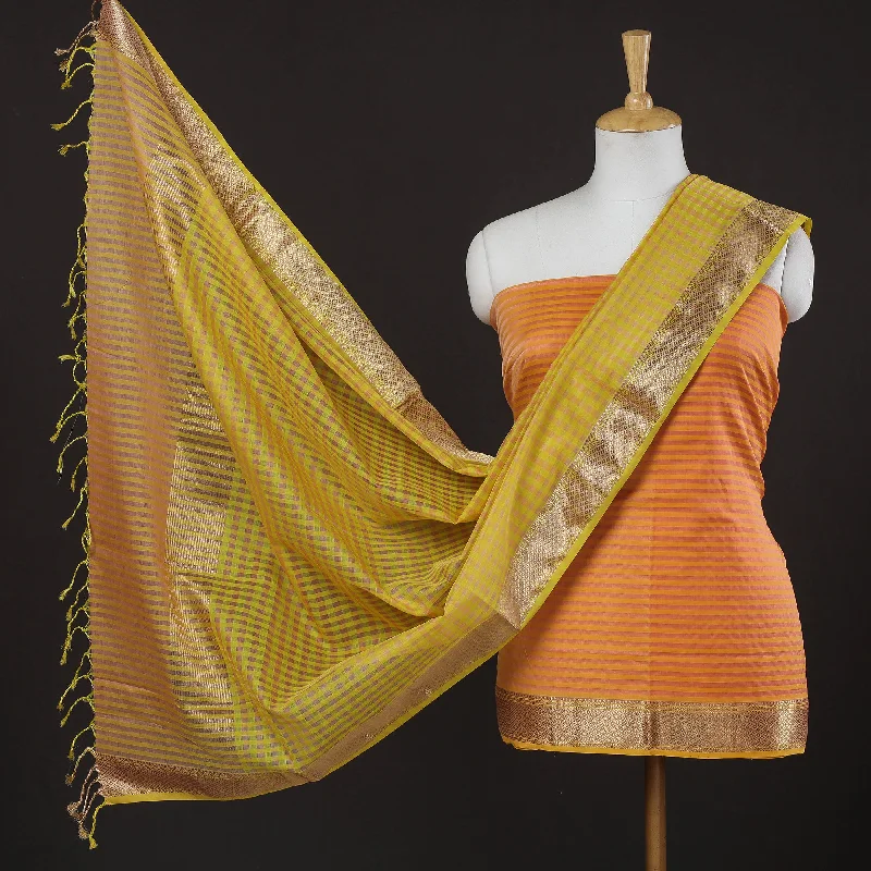 Orange - 2pc Maheshwari Silk Cotton Zari Work Checks Handloom Suit Material Set