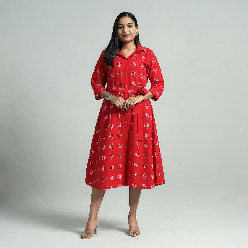 Exclusive Savings Red - Pochampally Double Ikat Cotton Flared Dress with Belt