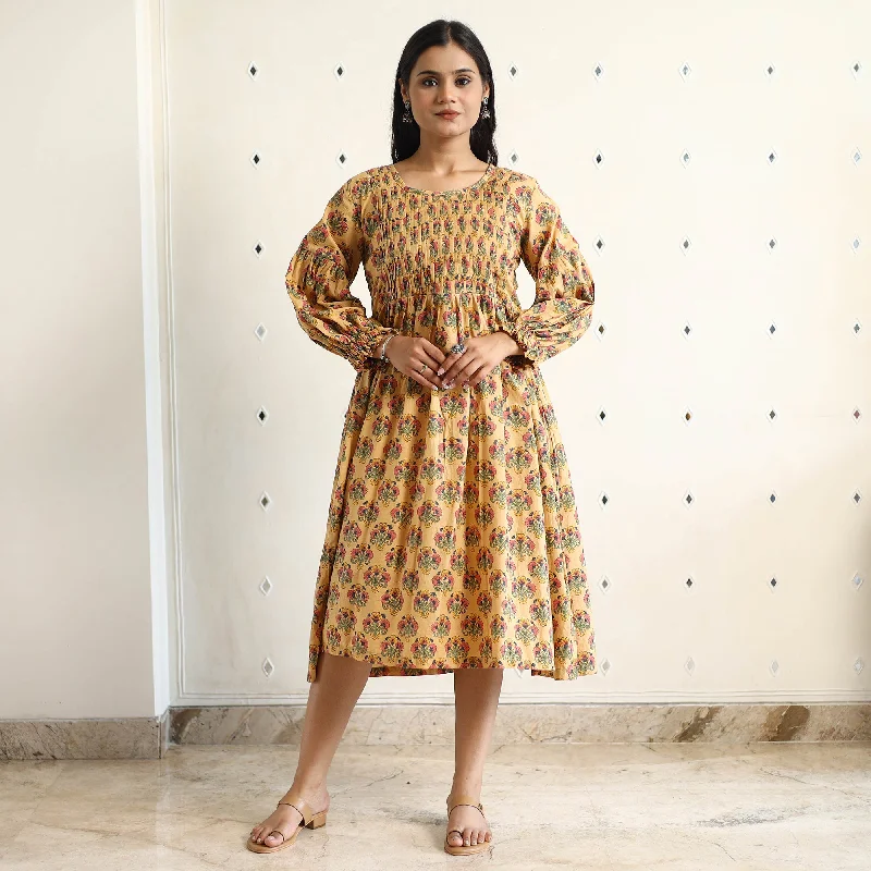 Midnight Madness Yellow - Sanganeri Block Printed Cotton Pintuck Flared Dress 15