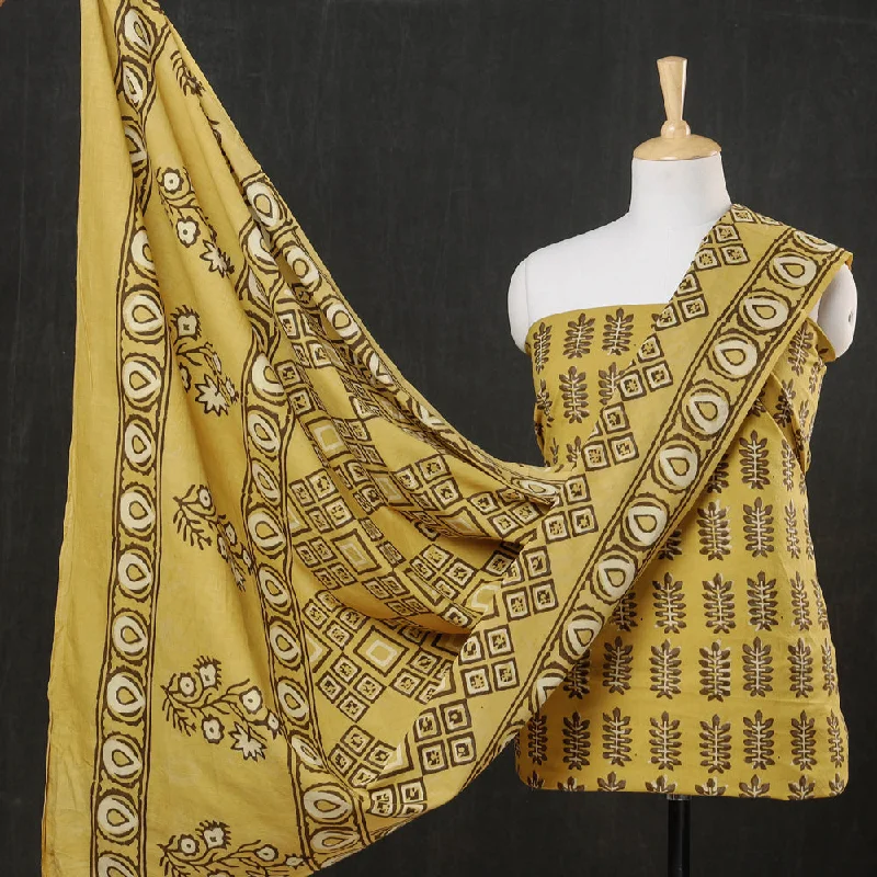 Yellow - 3pc Cotton Block Printed Pipad Dress Material Set