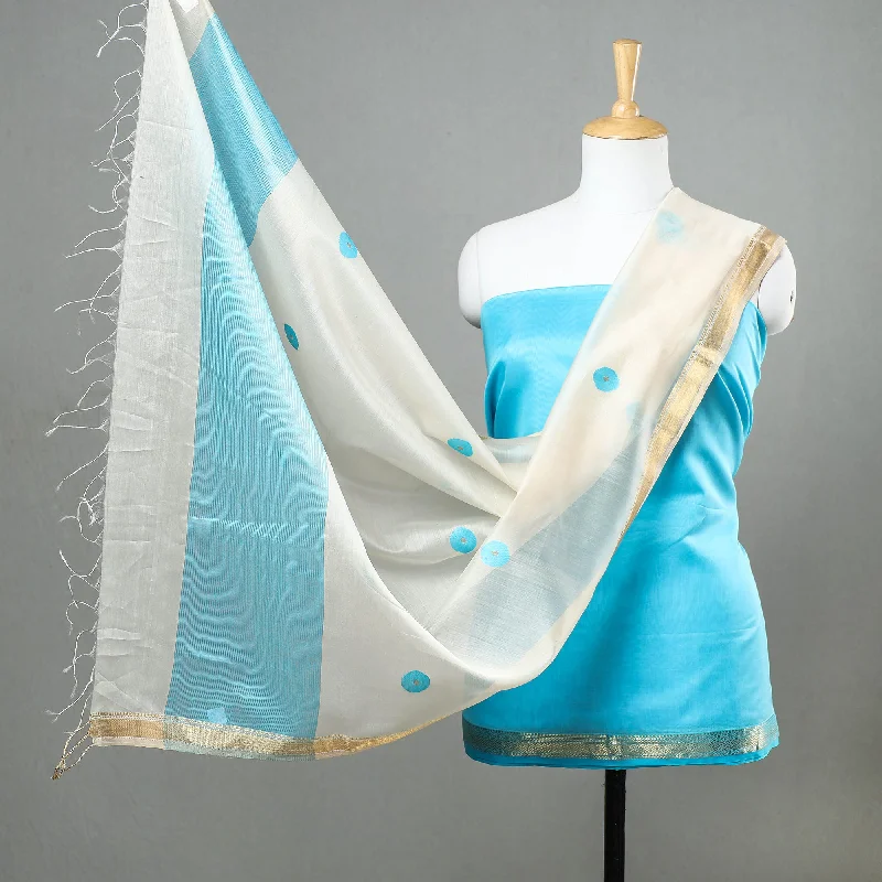 Blue - Original Maheshwari Silk Pure Handloom 2pc Suit Material Set