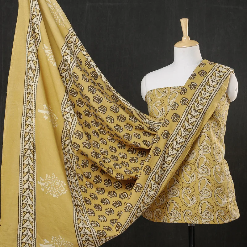 Yellow - 3pc Pipad Block Printed Cotton Suit Material Set