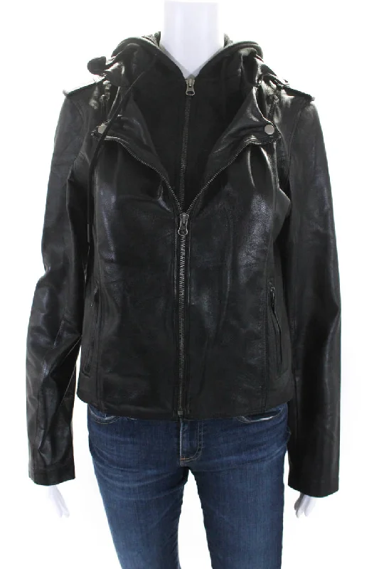Warehouse Sale JKT Womens Solid Black Full Zip Hooded Long Sleeve Leather Jacket