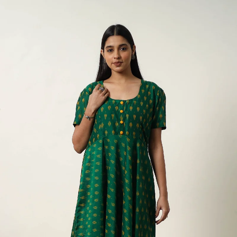Don’t Miss Out Green - Mercerized Cotton Flared Pochampally Ikat Dress 11