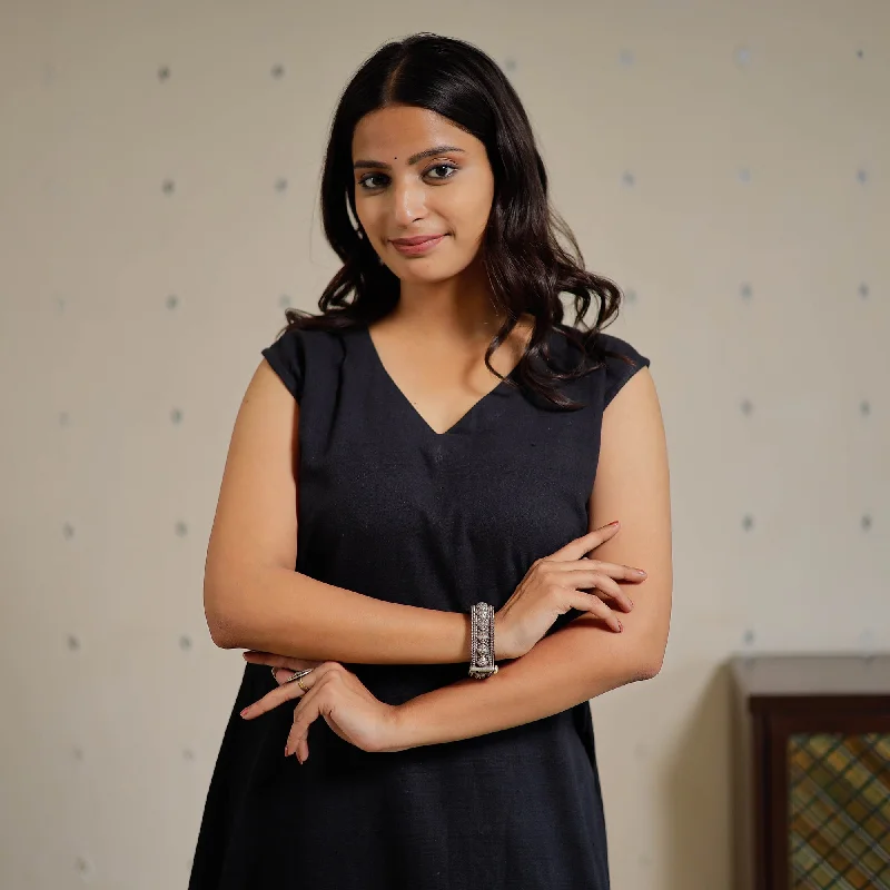 Price Break Black - Plain Handloom Cotton Flare Dress