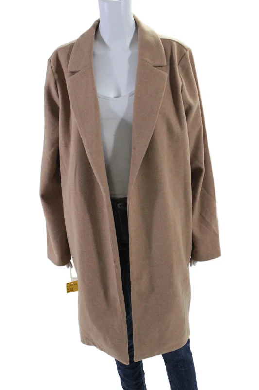 Renuar Womens Solid Tan Open Front Long Sleeve Coat Jacket