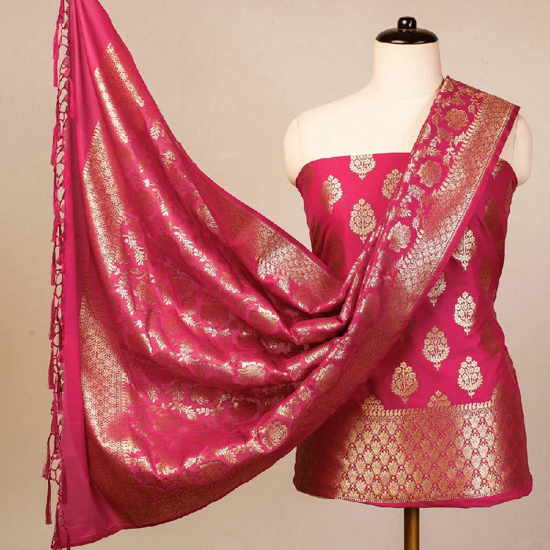 Friends and Family Sale Pink - 3pc Zari Jaal & Buti Silk Banarasi Dress Material