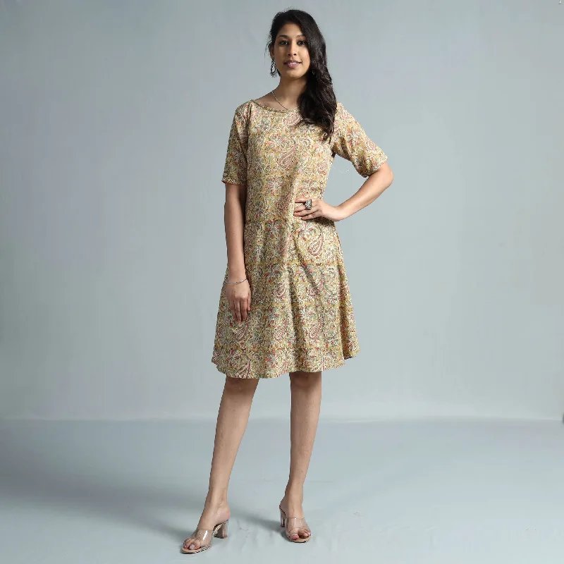 Beige - Kalamkari Block Printed Mul Cotton Flare Dress