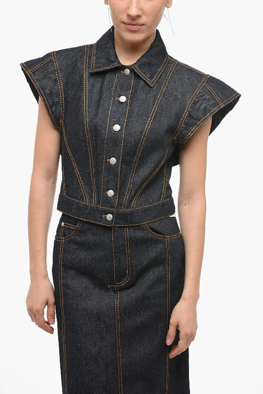 Alexander McQueen Denim Cropped Jacket with Flap Sleeves