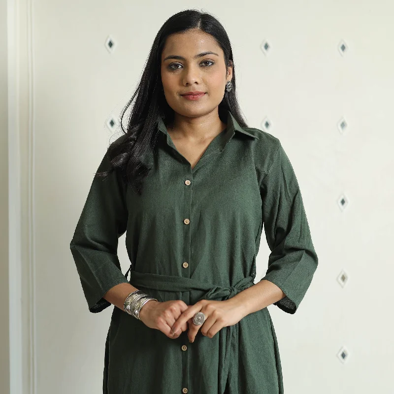 Overstock Sale Dark Green - Plain Flex Cotton Collared Neck Buttoned Down Dress