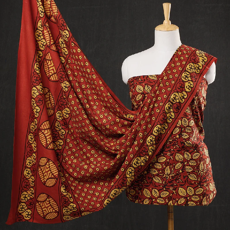 Red - 3pc Cotton Block Printed Pipad Dress Material Set